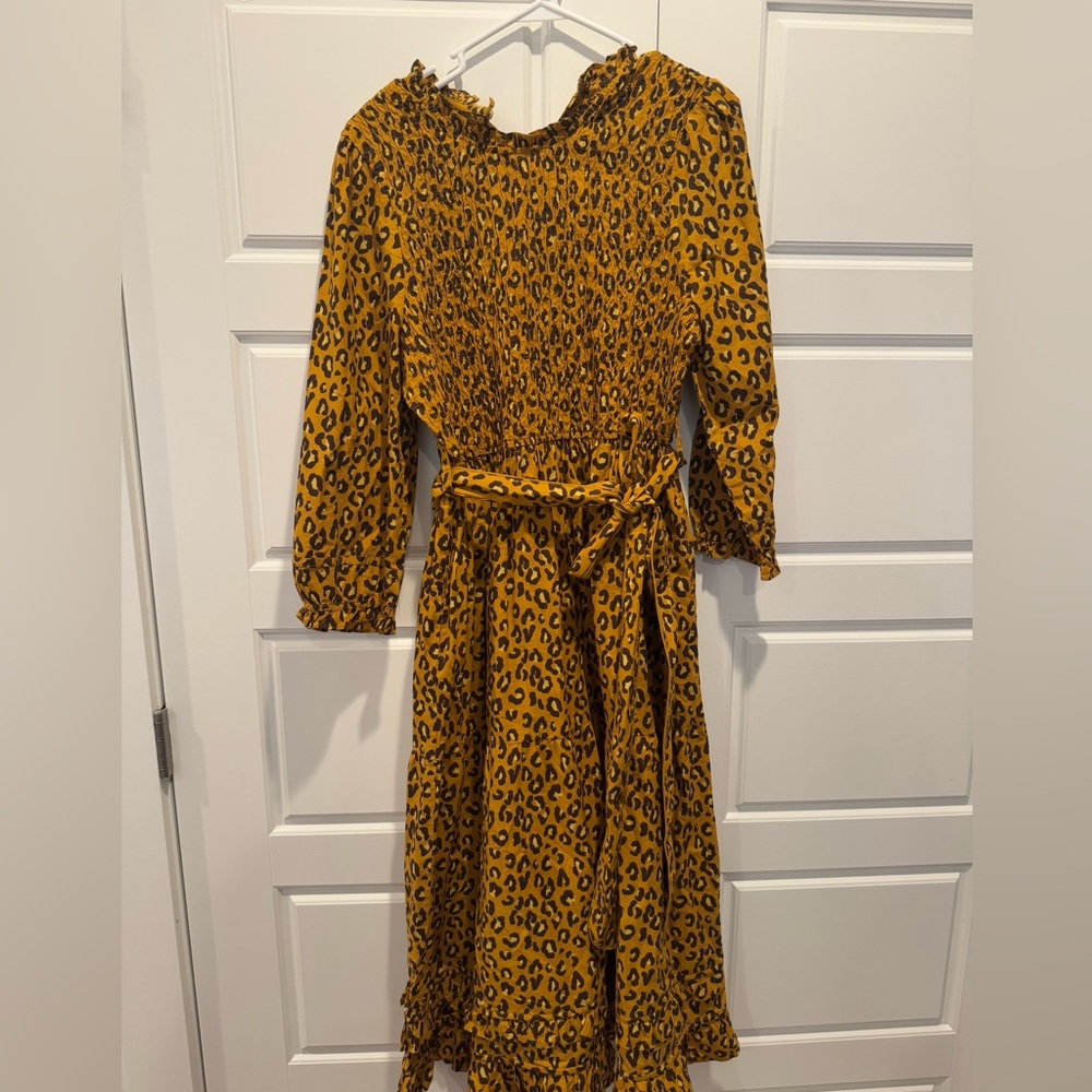 Printfresh Mustard and Black Leopard Smocked Midi Dress